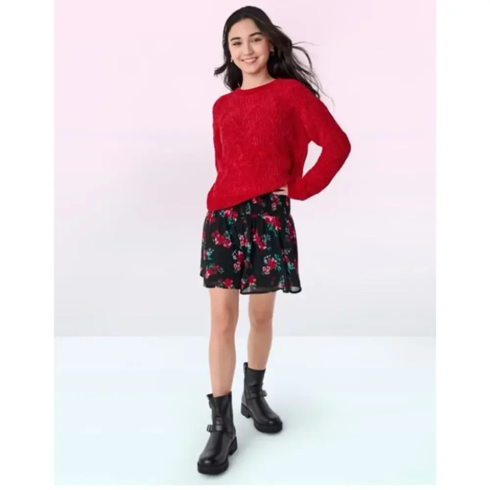 NWT The Children's Place Sugar & Jade Tween Girls Floral Smocked Skirt - Black